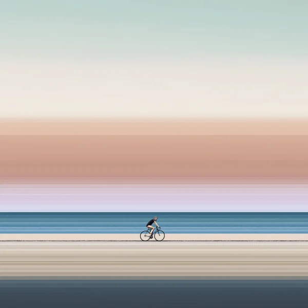 Lignes d'Horizon — Le Cycliste, silhouette à vélo sur horizon de bandes pastel pêche et bleu océan, art mural premium