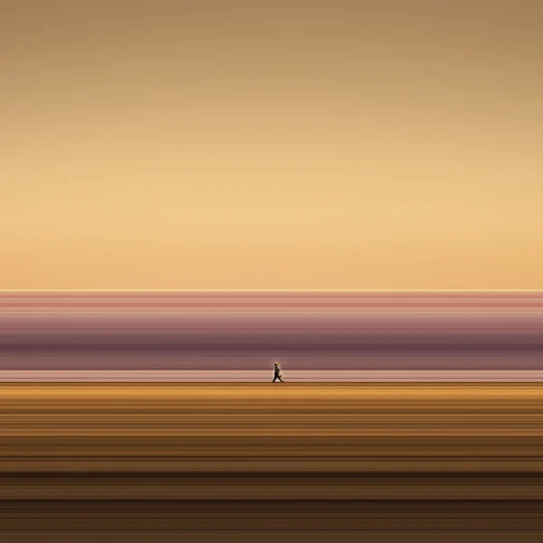 Lignes d'Horizon — Le Marcheur, silhouette au chapeau sur horizon de bandes terre cuite et rose poudré, art mural premium