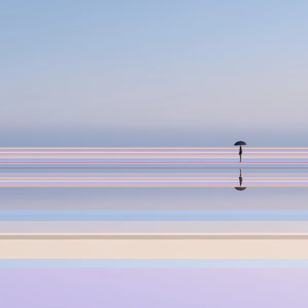 Lignes d'Horizon — Silhouette au Parapluie, silhouette au parapluie sur horizon pastel turquoise et corail avec reflet sur l'eau, art mural premium