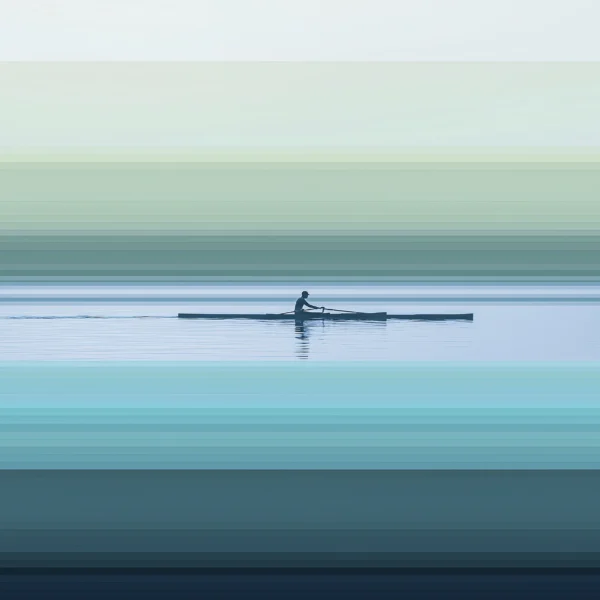 Lignes d'Horizon — Le Rameur, silhouette en aviron sur bandes dégradées vert tendre et turquoise, art mural premium