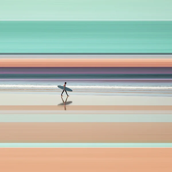 Lignes d'Horizon — Le Surfeur, silhouette au surf sur plage de bandes turquoise et sable doré, art mural premium