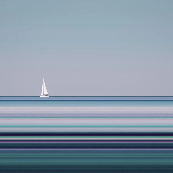 Lignes d'Horizon — Le Voilier, bateau blanc solitaire sur horizon de bandes bleu et turquoise, art mural premium