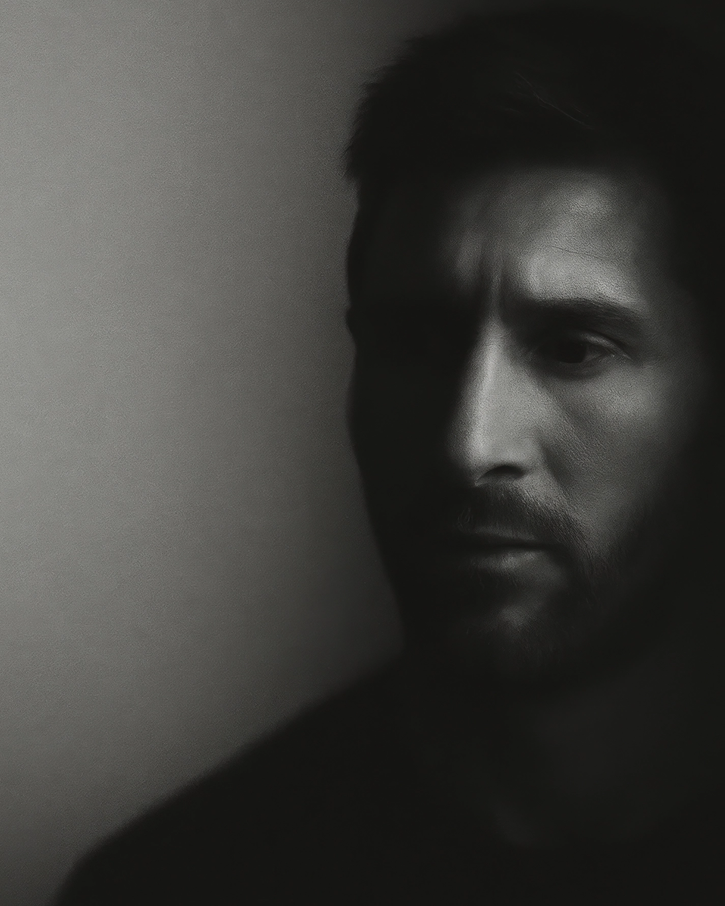 Lionel Messi Silence — portrait noir et blanc, visage émergeant de l'obscurité, légende du football, art mural premium