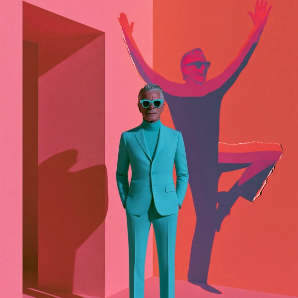 L'Ombre Libérée — homme en costume turquoise face à une ombre monumentale en mouvement, art mural premium