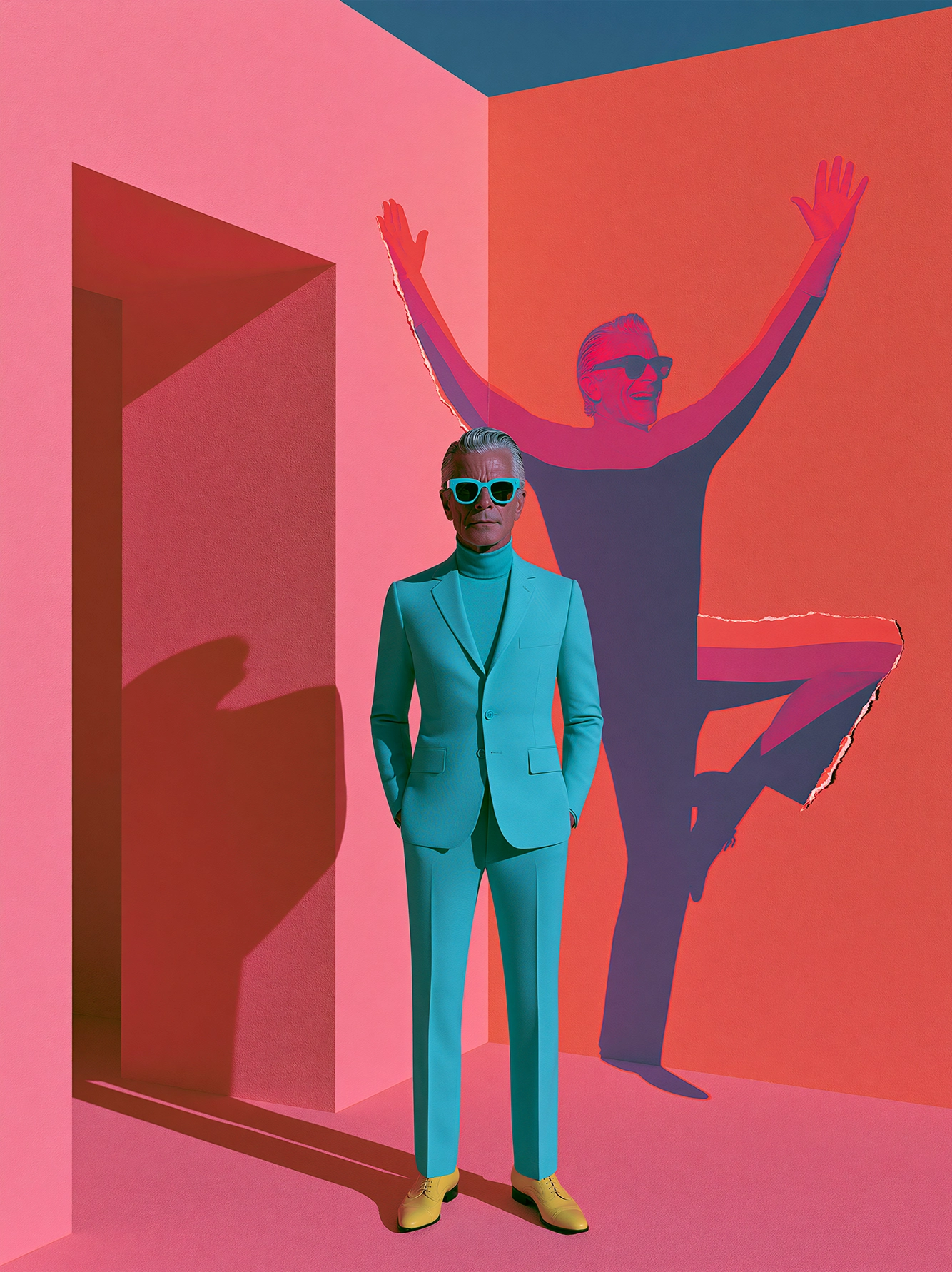 L'Ombre Libérée — homme en costume turquoise face à une ombre monumentale en mouvement, art mural premium