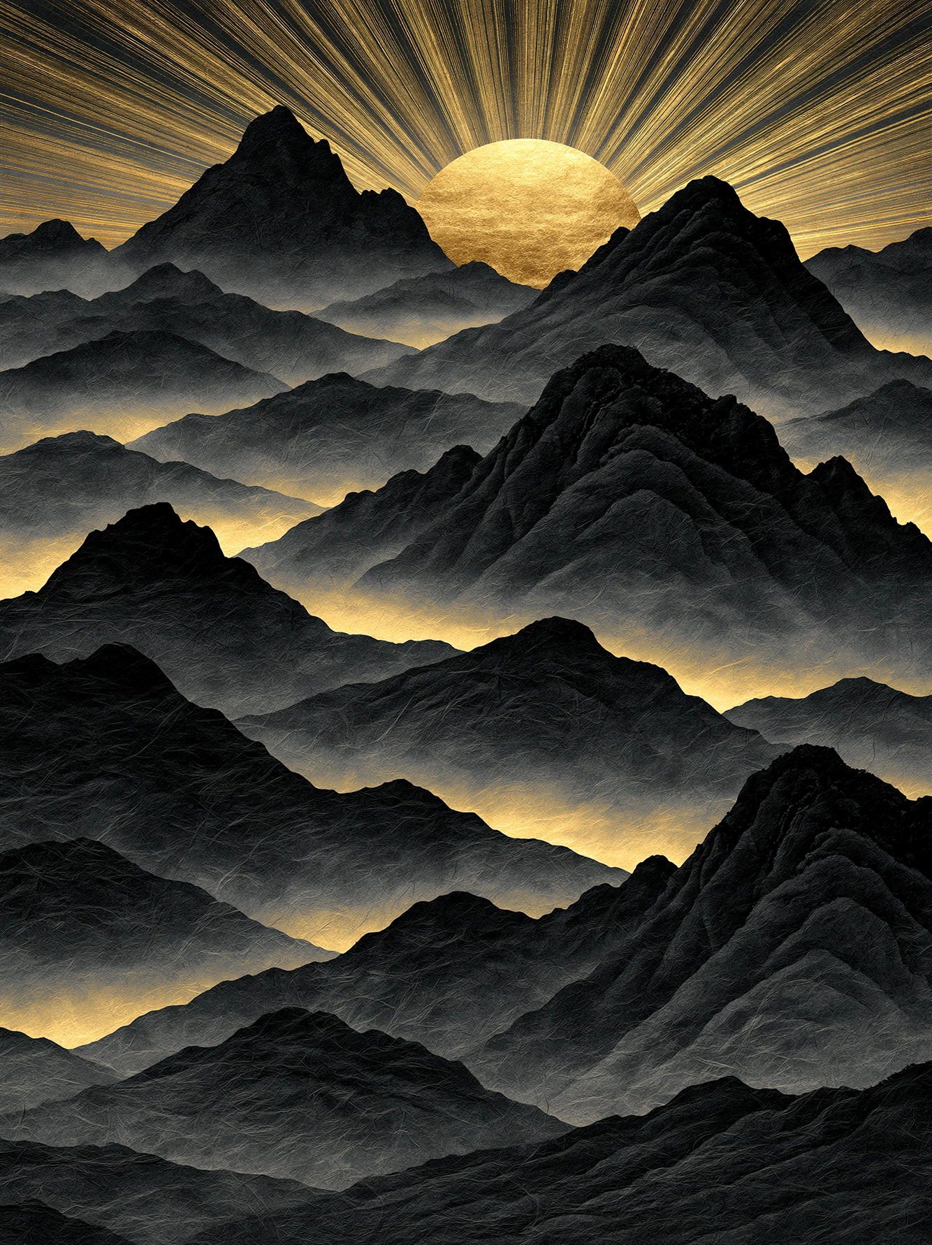Lumière Intérieure — paysage de montagnes zen baigné de lumière dorée, art mural premium