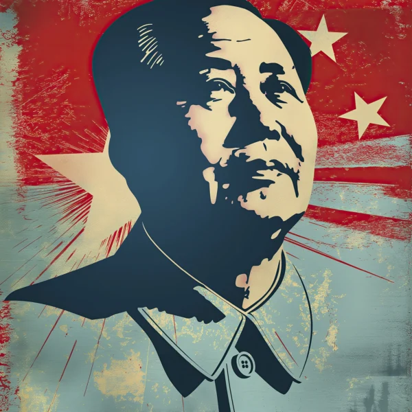 Portrait Street Art de Mao Zedong dans un style Pop Art avec fond rouge vintage inspiré des affiches graphiques contemporaines.