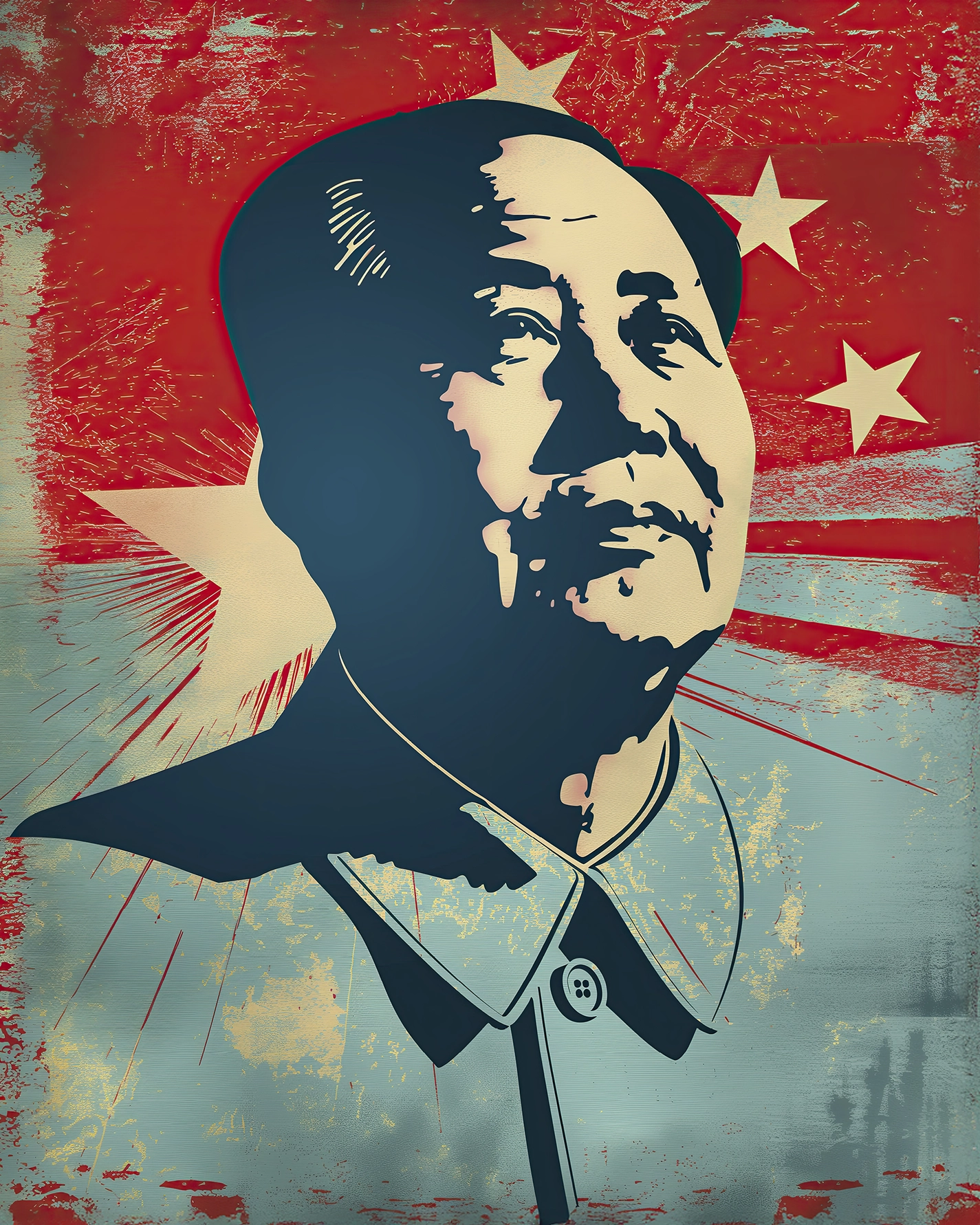 Portrait Street Art de Mao Zedong dans un style Pop Art avec fond rouge vintage inspiré des affiches graphiques contemporaines.