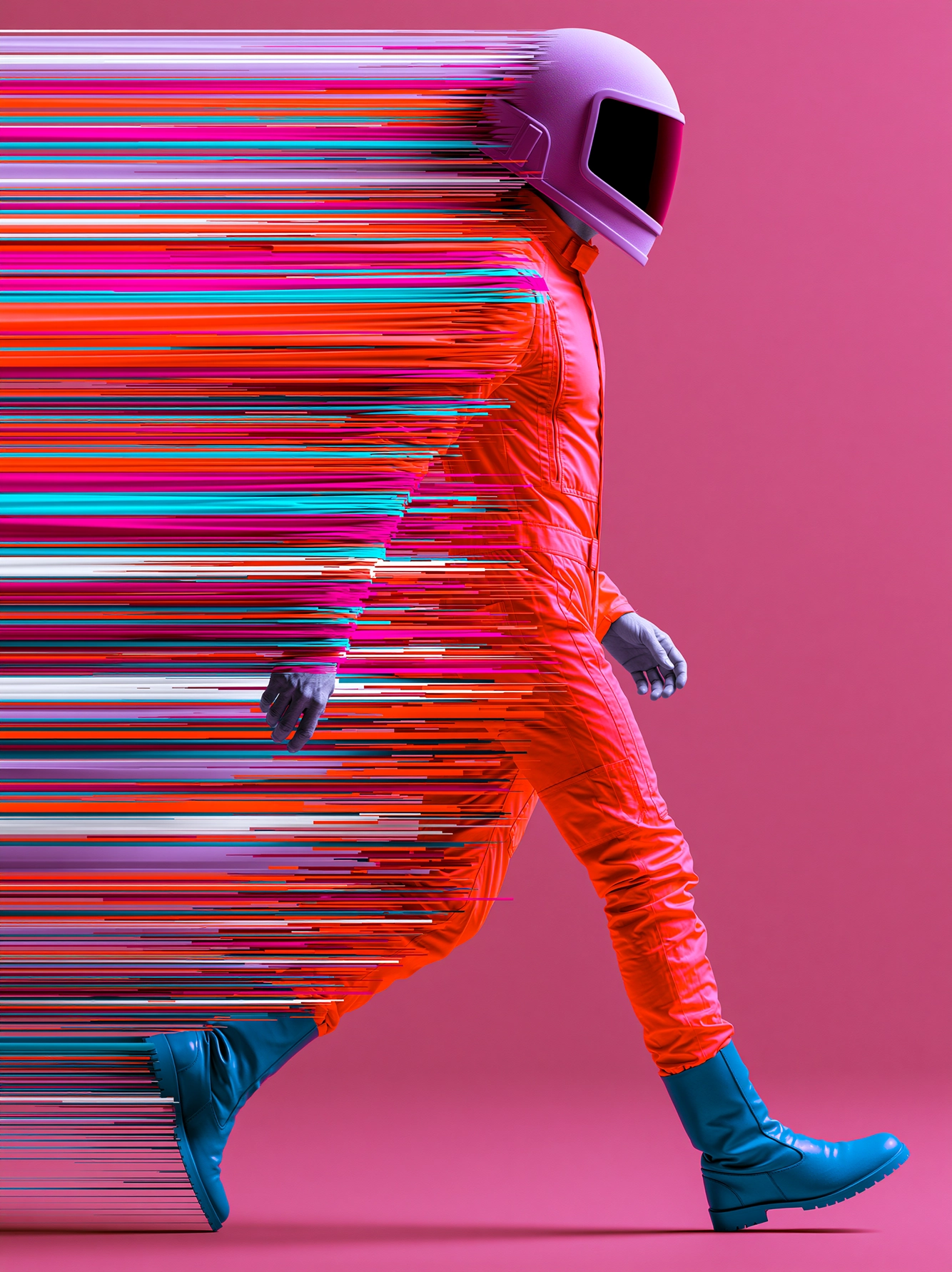 Marche Numérique — astronaute sur fond rose dont le corps se transforme en lignes horizontales multicolores, art mural premium