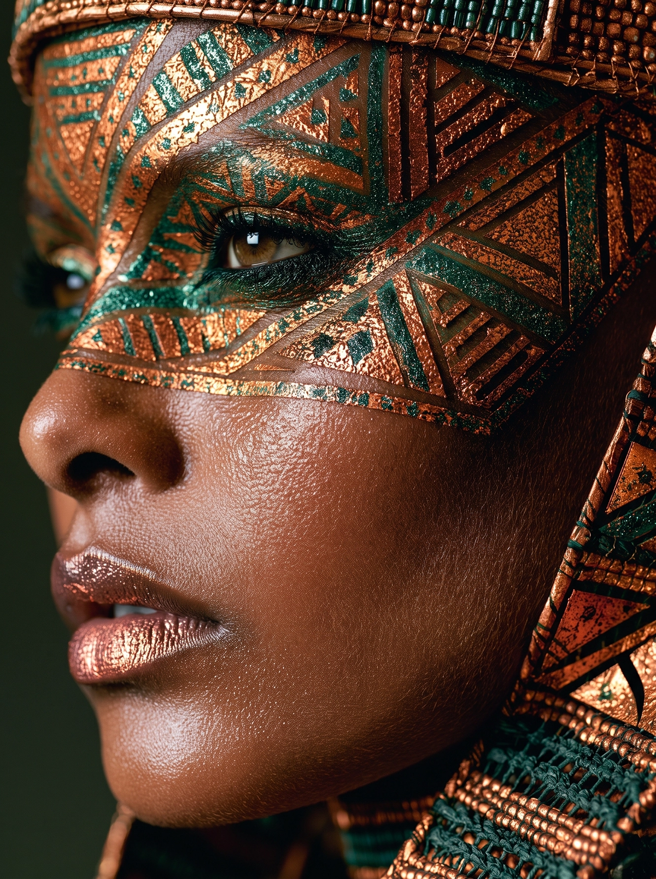 Masque Aztèque — maquillage tribal aux pigments turquoise et or, motif graphique spectaculaire, art mural premium