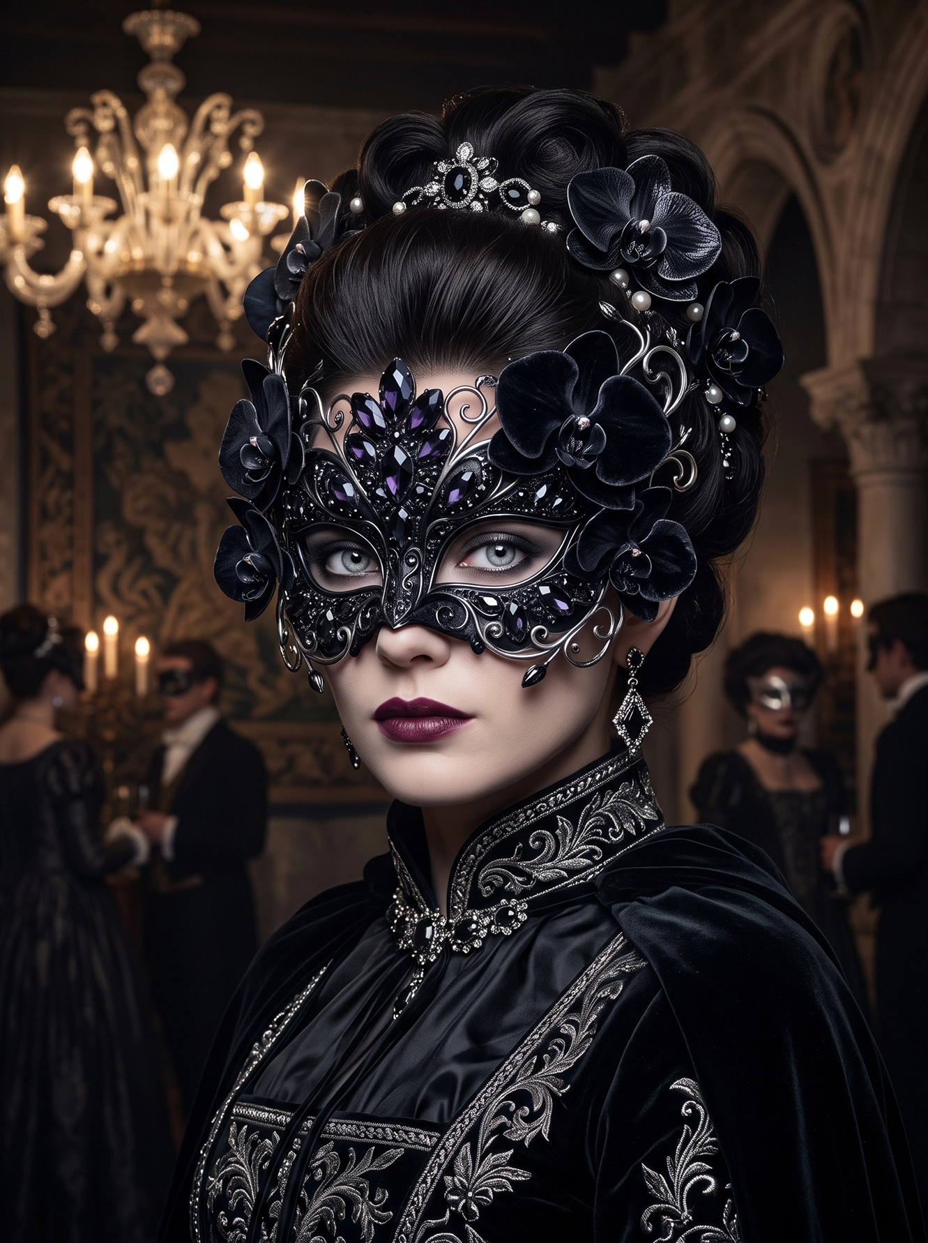 Masque de Venise Obsidienne — portrait vénitien au masque noir sculptural orné de motifs floraux, regard magnétique, art mural premium