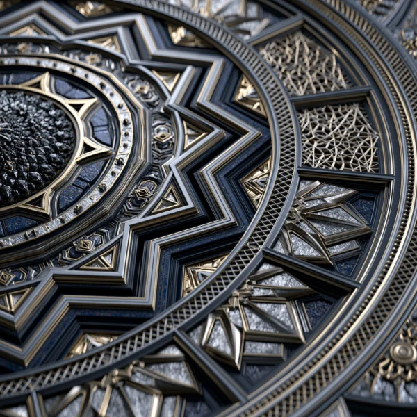 Mécanique Sacrée — mandala génératif aux motifs symétriques et lumineux, art mural premium