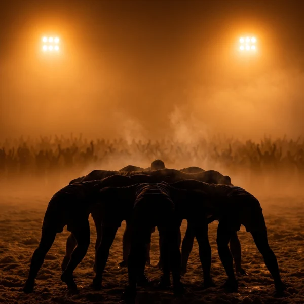 Mêlée Fusionnelle — équipe de rugby en pleine mêlée, silhouettes, lumière de stade brumeuse, art mural premium