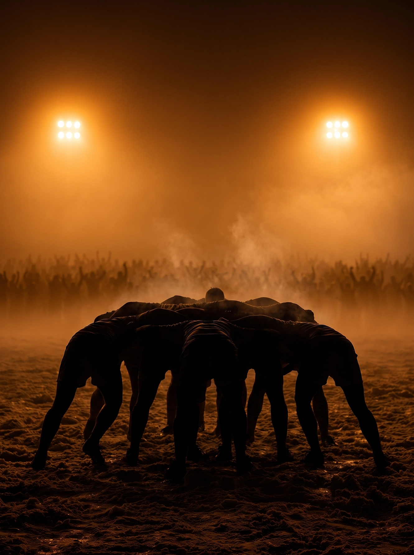 Mêlée Fusionnelle — équipe de rugby en pleine mêlée, silhouettes, lumière de stade brumeuse, art mural premium