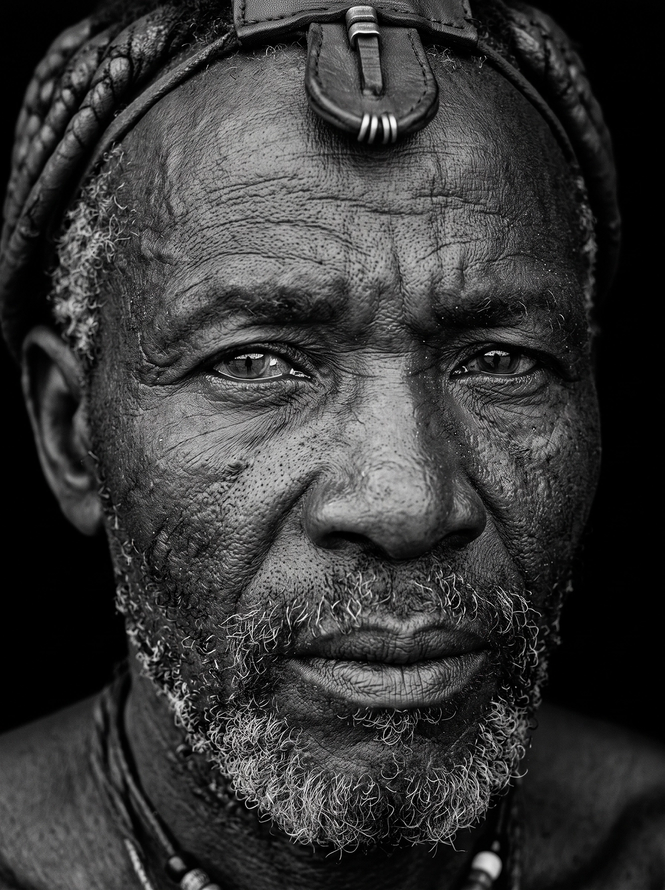 Mémoire de Namibie — visage en gros plan à la peau texturée, portrait brut, noir et blanc, art mural premium