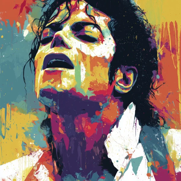 Michael Jackson Street Art Fusion Chromatique, portrait Pop Art contemporain aux couleurs éclatantes avec effets de peinture et textures artistiques.