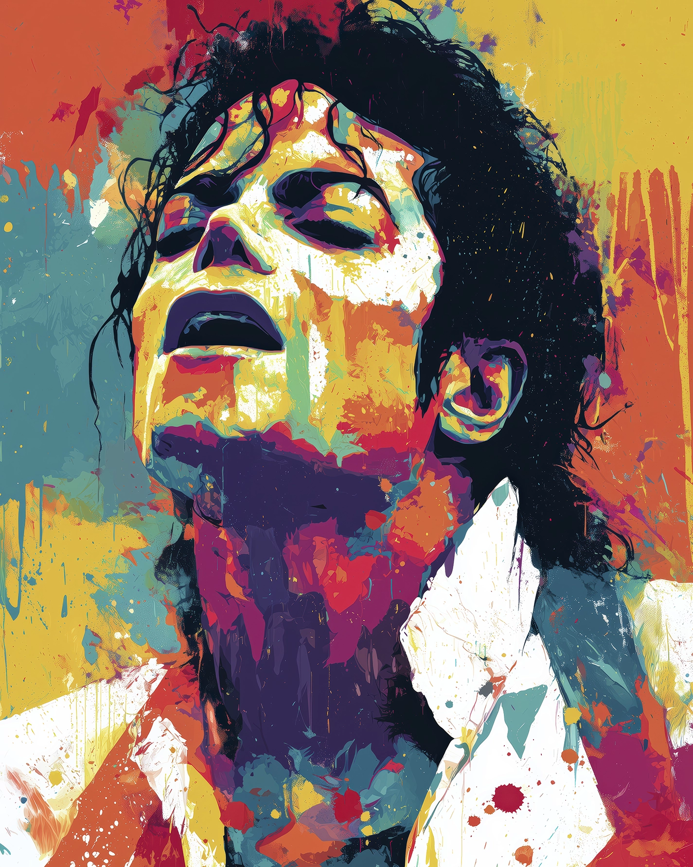 Michael Jackson Street Art Fusion Chromatique, portrait Pop Art contemporain aux couleurs éclatantes avec effets de peinture et textures artistiques.