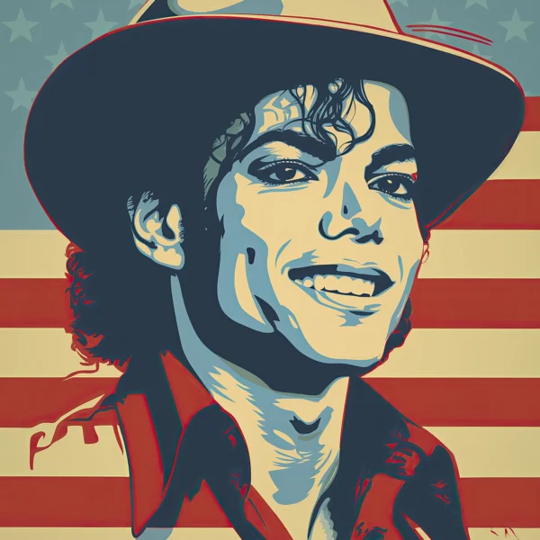 Portrait Street Art de Michael Jackson dans un style Pop Art contemporain aux couleurs rouge, crème et bleu.