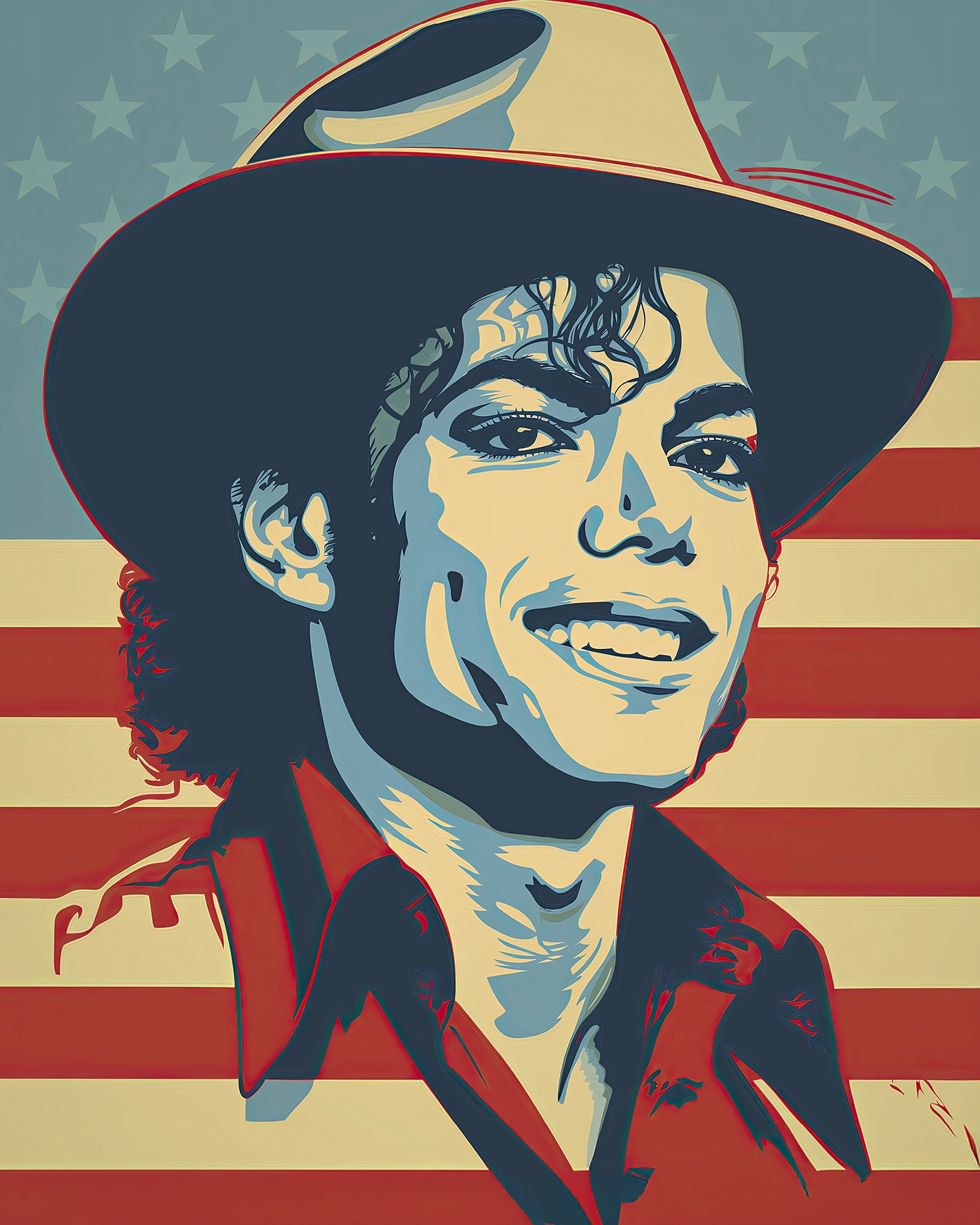 Portrait Street Art de Michael Jackson dans un style Pop Art contemporain aux couleurs rouge, crème et bleu.