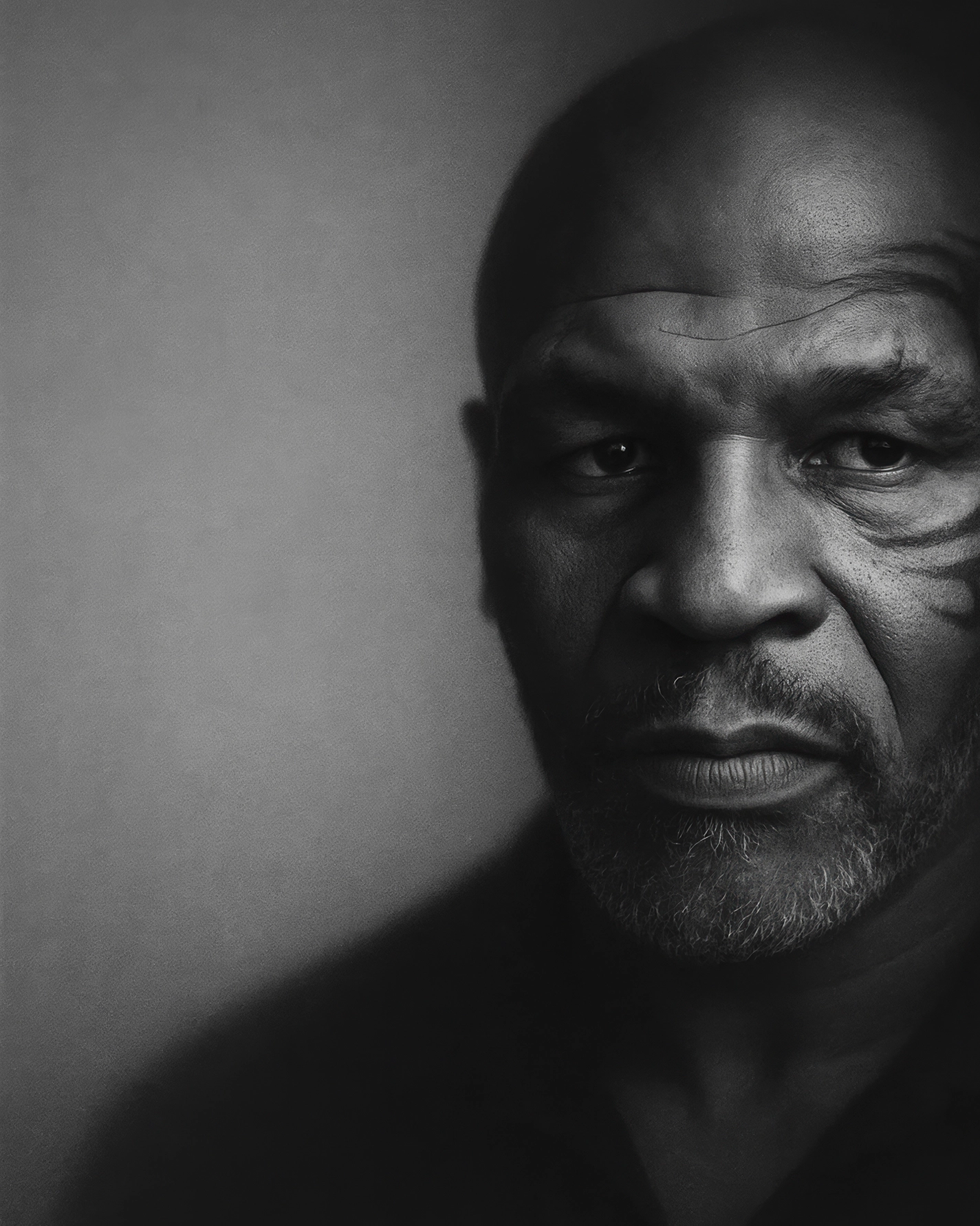 Mike Tyson Impact — portrait noir et blanc, regard frontal et marques du visage, boxeur légendaire, art mural premium