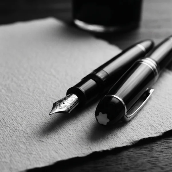 Montblanc Meisterstück Héritage — stylo emblématique en résine noire et plume ouvragée, nature morte noir et blanc, art mural premium