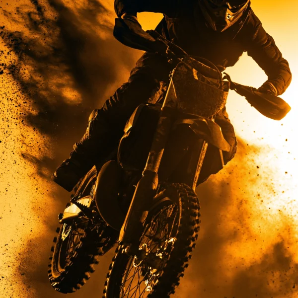 Motocross — pilote en figure aérienne au-dessus d'un tremplin de terre, panache de poussière, art mural premium