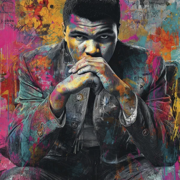 Un portrait saisissant de Muhammad Ali dans un moment de réflexion. Une œuvre Street Art contemporaine où puissance mentale, détermination et élégance se rencontrent dans une composition riche en couleurs et en textures.