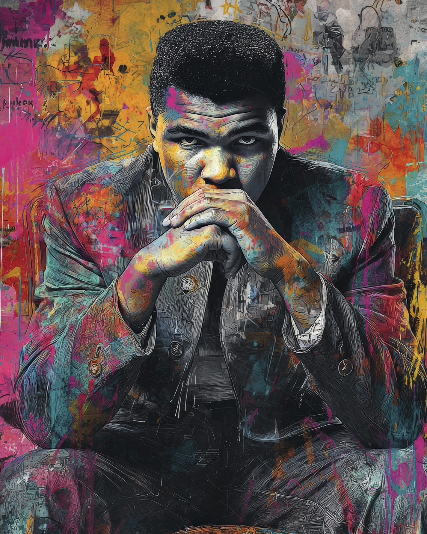 Un portrait saisissant de Muhammad Ali dans un moment de réflexion. Une œuvre Street Art contemporaine où puissance mentale, détermination et élégance se rencontrent dans une composition riche en couleurs et en textures.