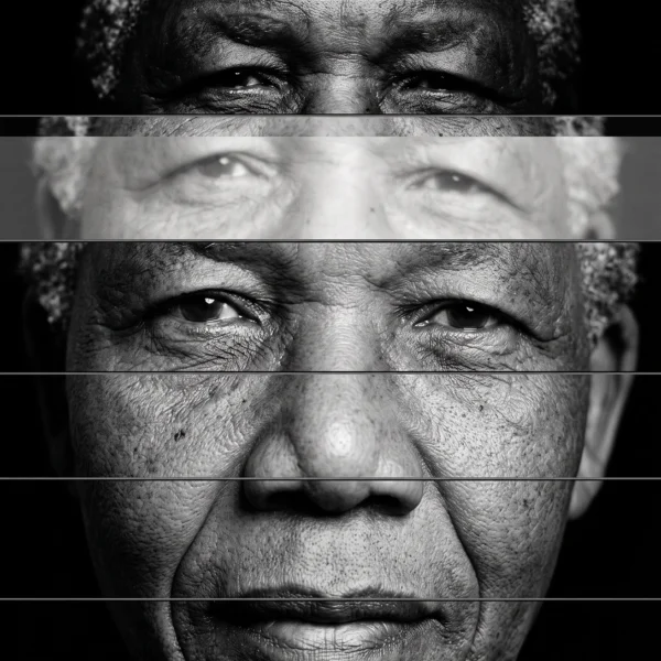 Nelson Mandela — Mémoire Fragmentée, portrait décomposé en bandes horizontales, noir et blanc, art mural premium