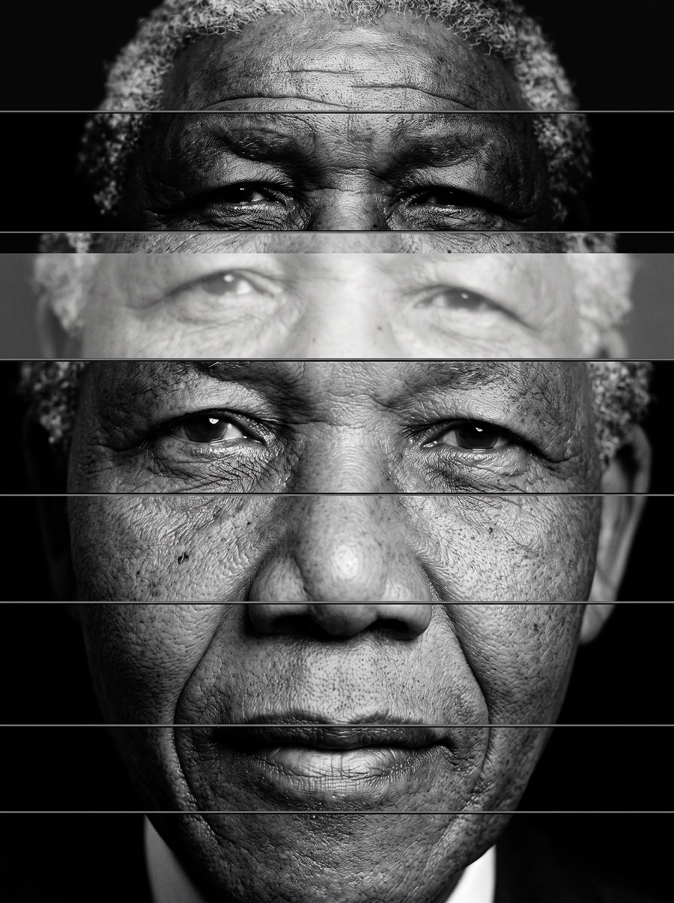 Nelson Mandela — Mémoire Fragmentée, portrait décomposé en bandes horizontales, noir et blanc, art mural premium