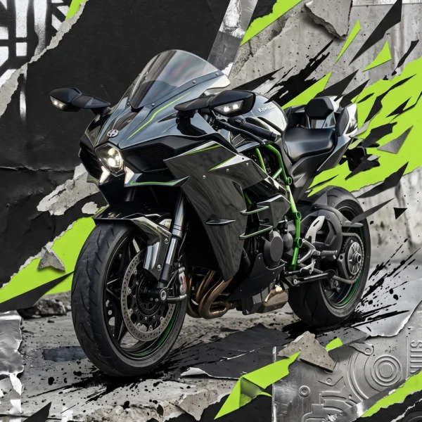 Ninja Fracture — Kawasaki Ninja H2 en street art, béton fissuré et vert électrique, art mural premium