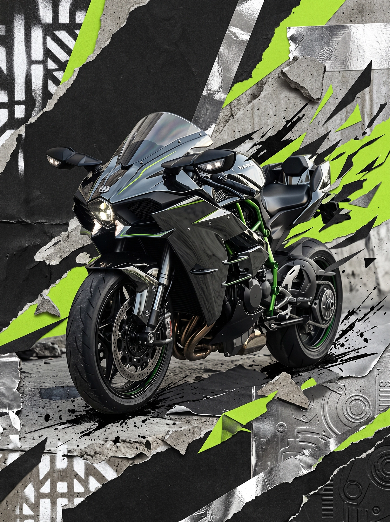 Ninja Fracture — Kawasaki Ninja H2 en street art, béton fissuré et vert électrique, art mural premium