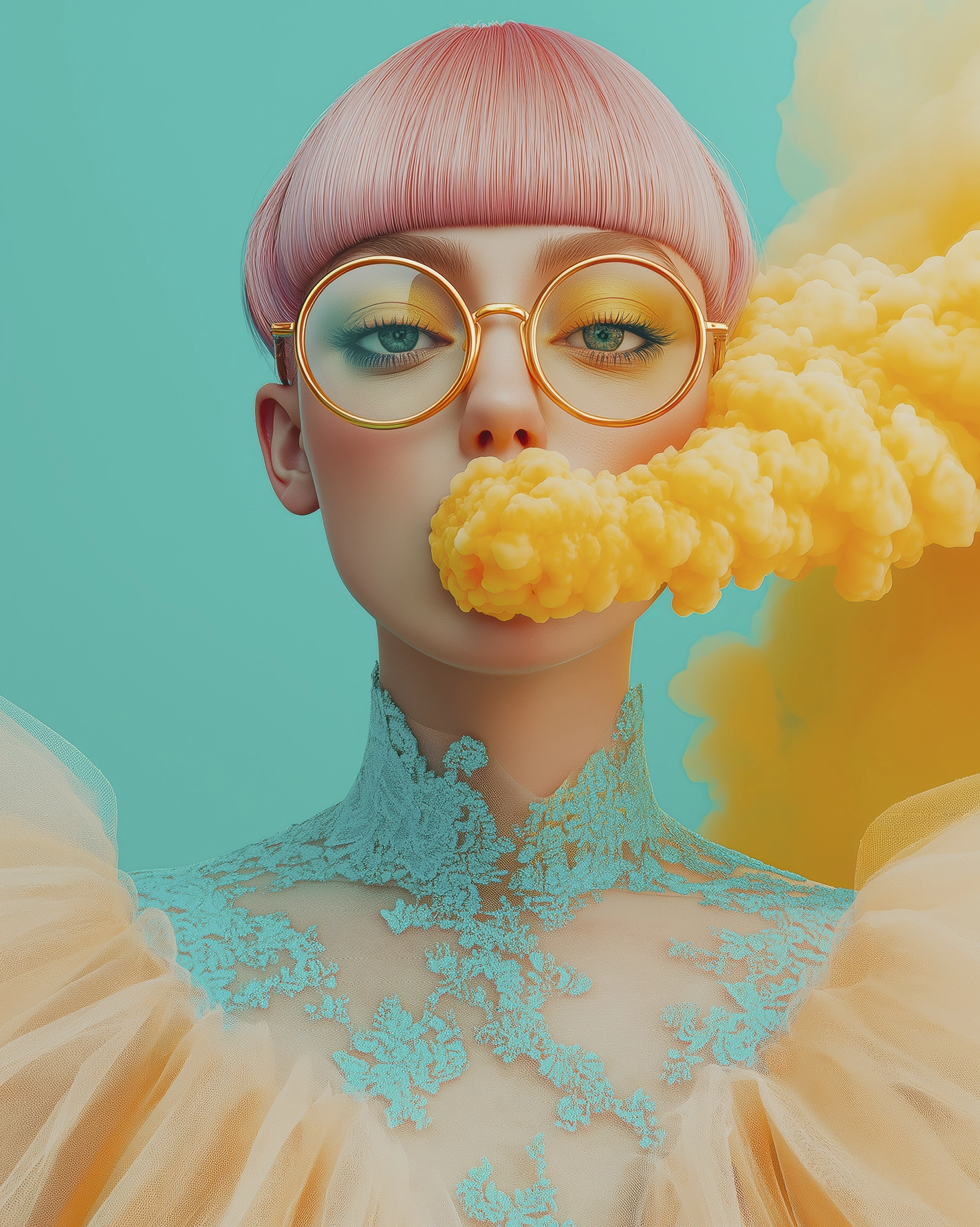 Nuage Solaire — portrait féminin traversé d'un nuage jaune éclatant, composition pastel surréaliste, art mural premium
