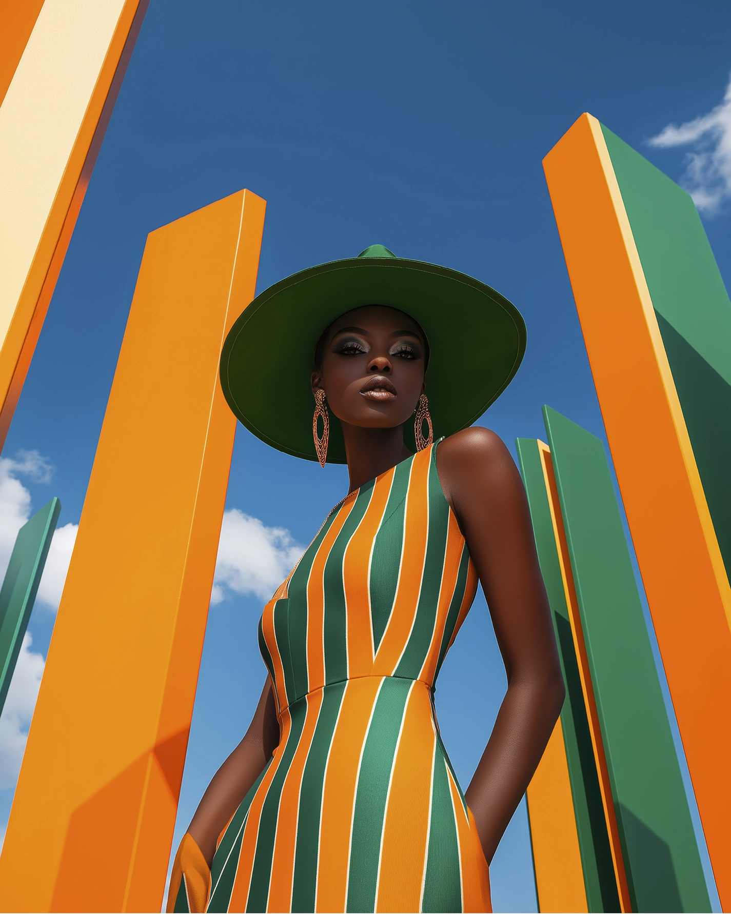 Orange Avenue — femme en robe rayée orange et verte dans une architecture graphique, photographie de mode, art mural premium