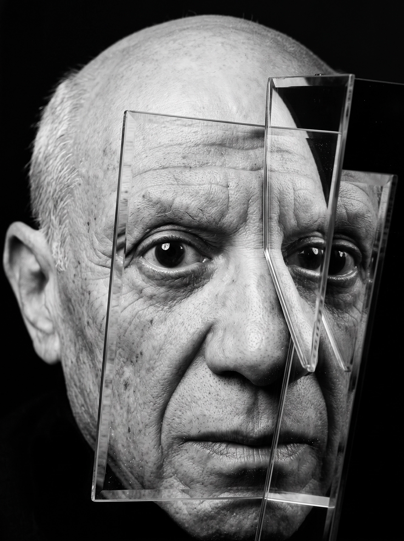Pablo Picasso — Visage Prismatique, portrait décomposé en plaques de verre transparentes, noir et blanc, art mural premium