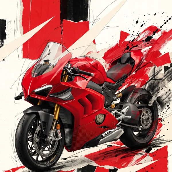Panigale Absolue — Ducati Panigale V4 en composition explosive rouge, noir et blanc, art mural premium