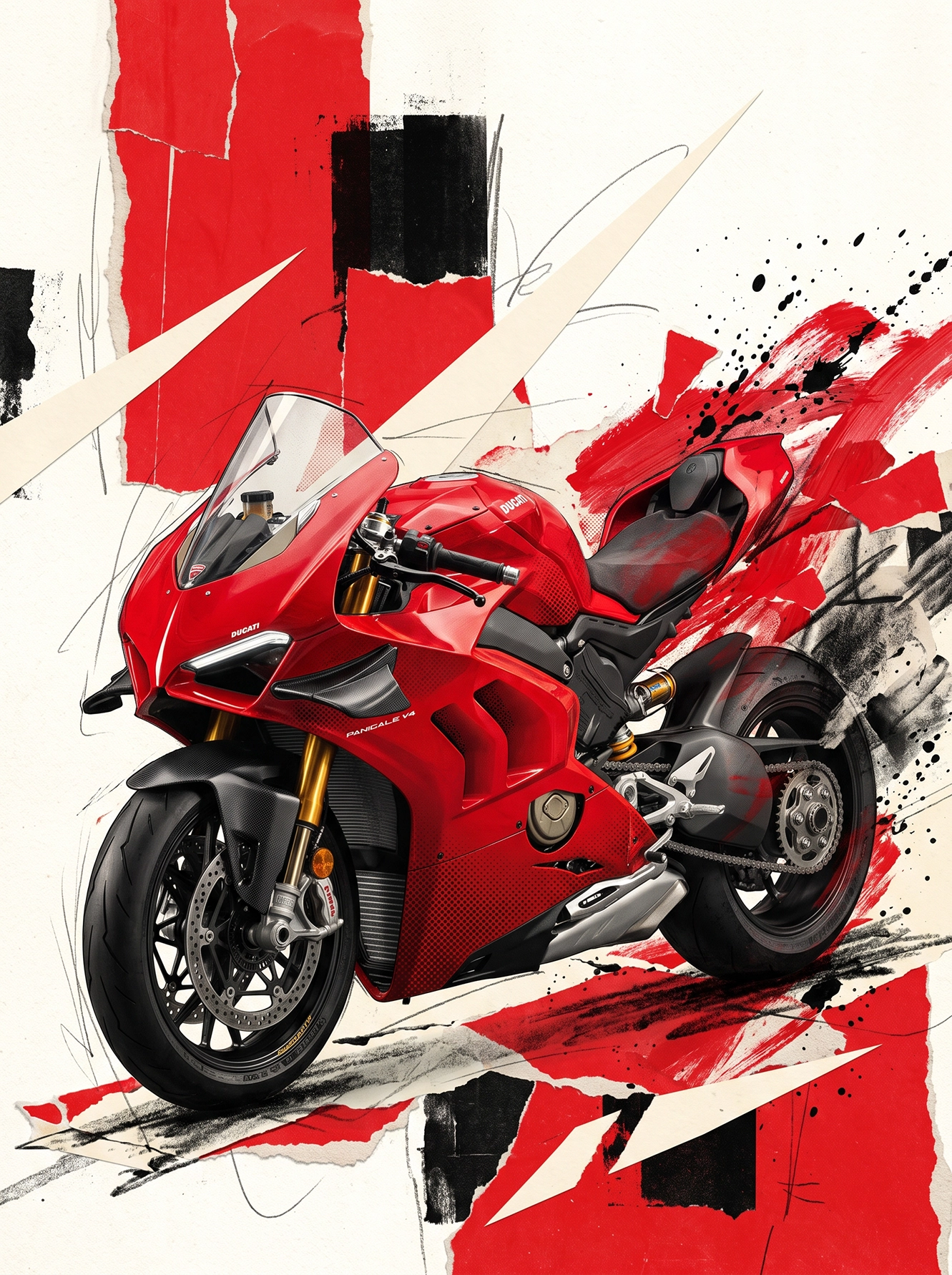 Panigale Absolue — Ducati Panigale V4 en composition explosive rouge, noir et blanc, art mural premium