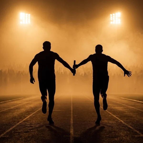 Passage de Témoin — deux coureurs de relais se passant le témoin, lumière de stade brumeuse, art mural premium