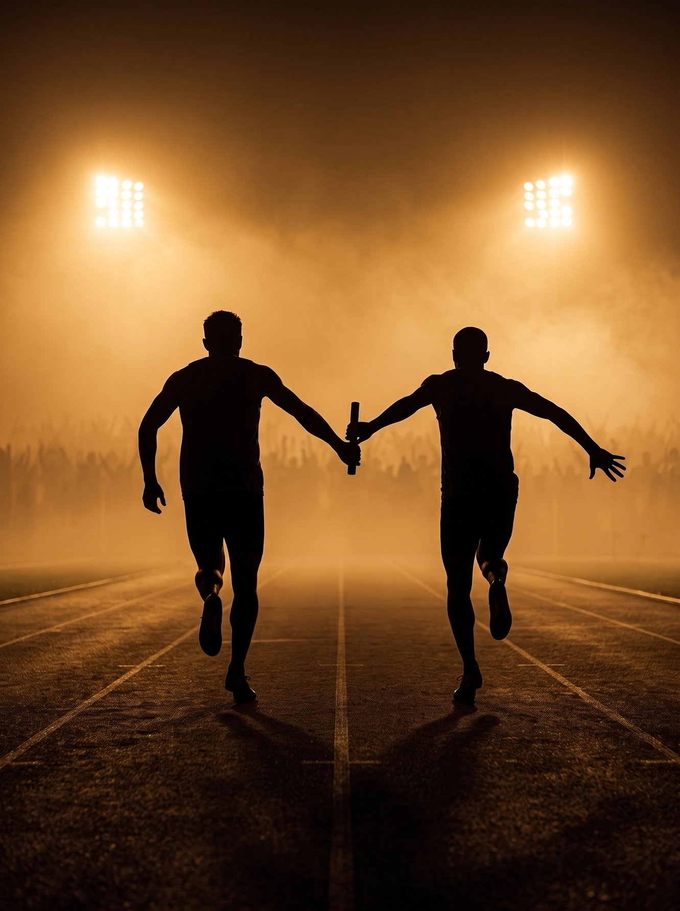 Passage de Témoin — deux coureurs de relais se passant le témoin, lumière de stade brumeuse, art mural premium