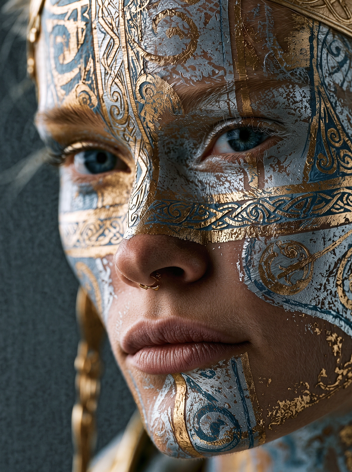 Patine Impériale — maquillage aux textures de métaux vieillis et dorures patinées, masque cérémoniel, art mural premium