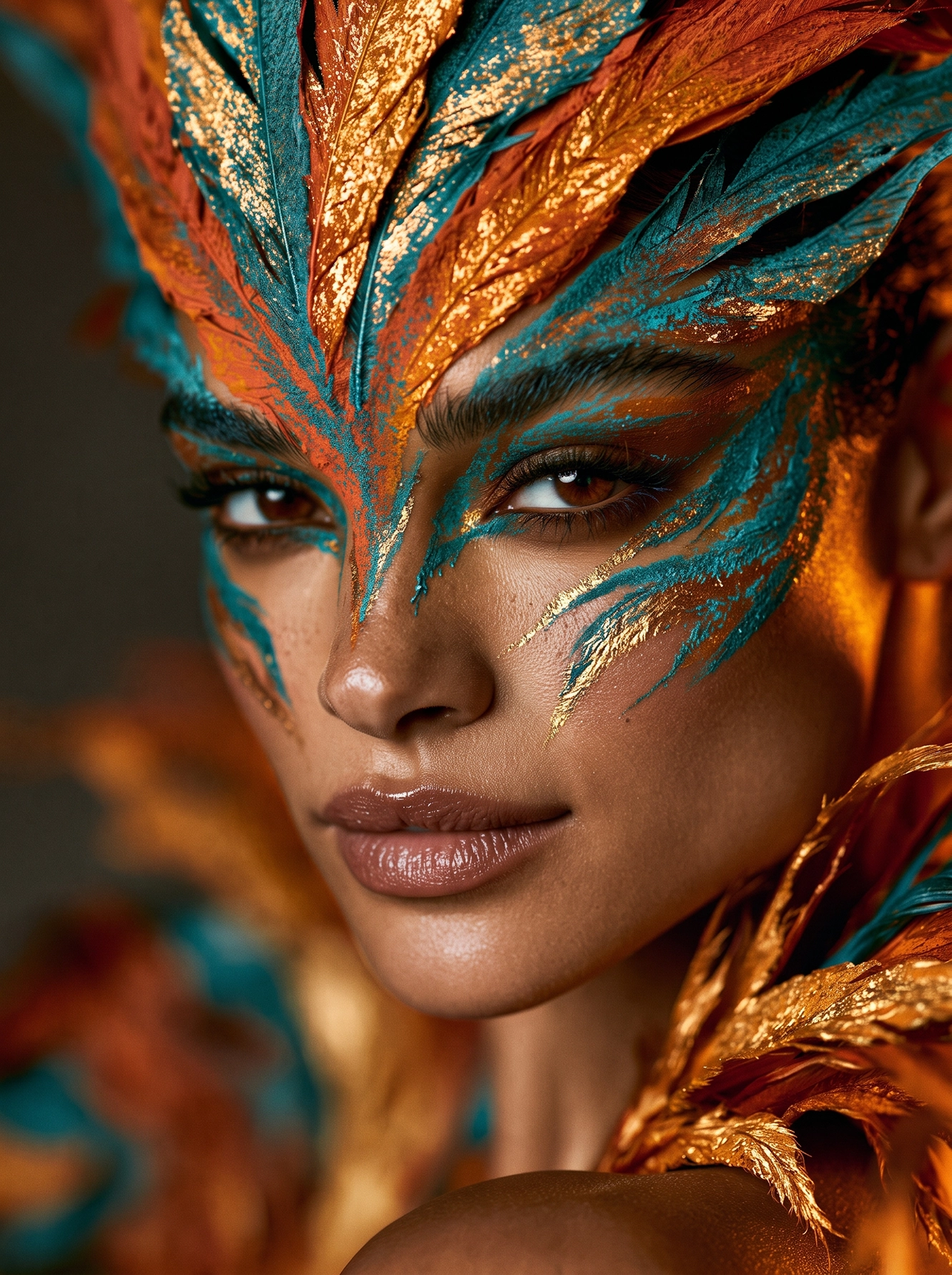 Phoenix Céleste — maquillage artistique inspiré des plumes d'un phénix, couleurs flamboyantes et dorées, art mural premium
