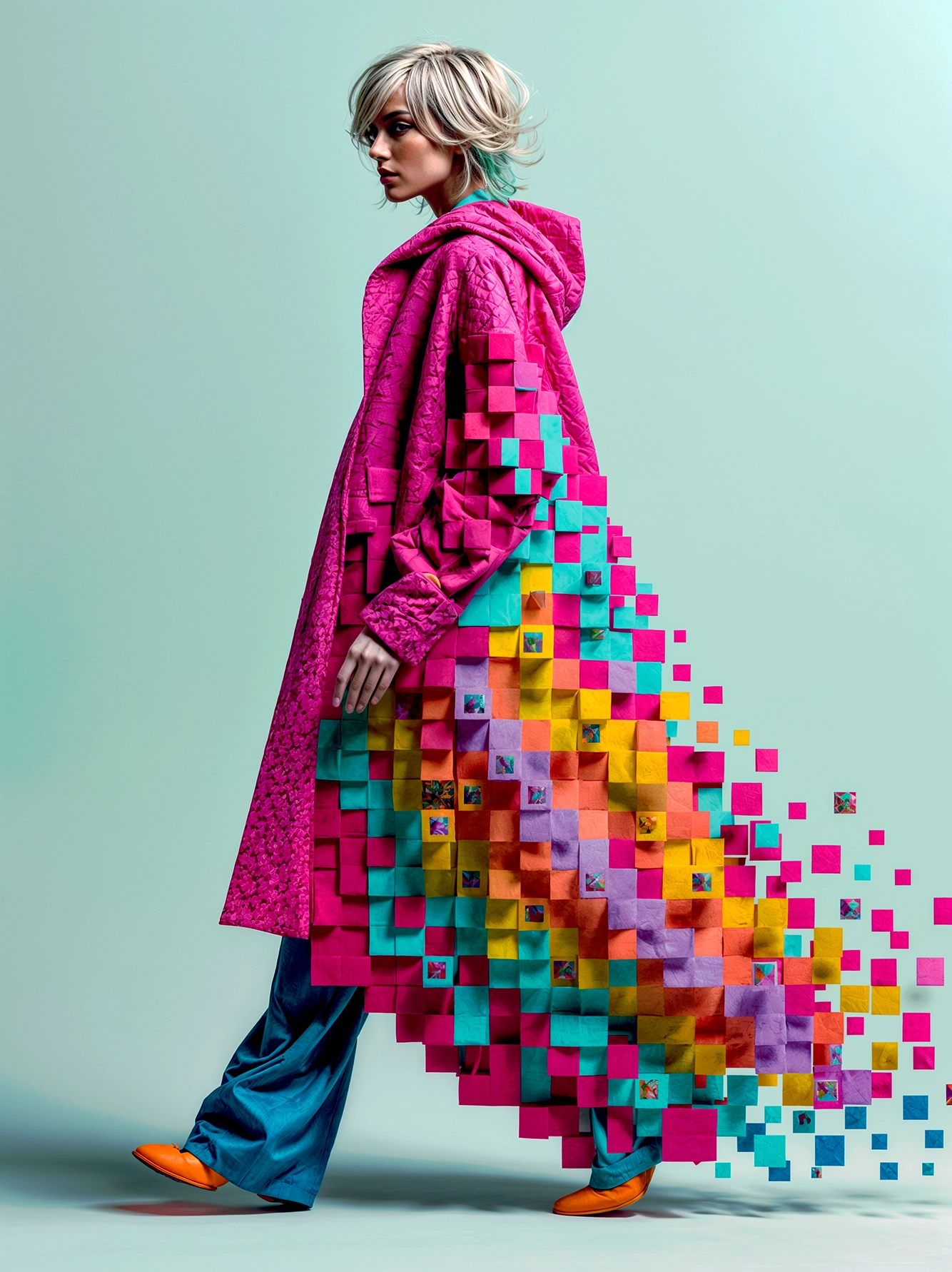 Pixel Couture — silhouette en manteau rose se décomposant en pixels multicolores, art mural premium