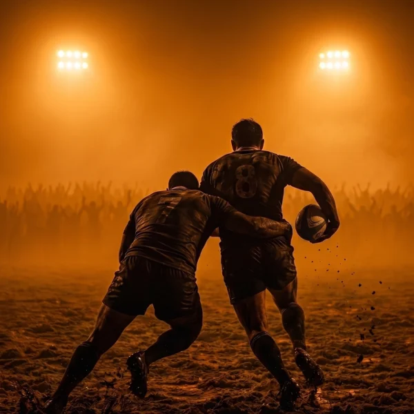 Plaquage — deux joueurs de rugby à l'instant du plaquage, lumière de stade brumeuse, art mural premium