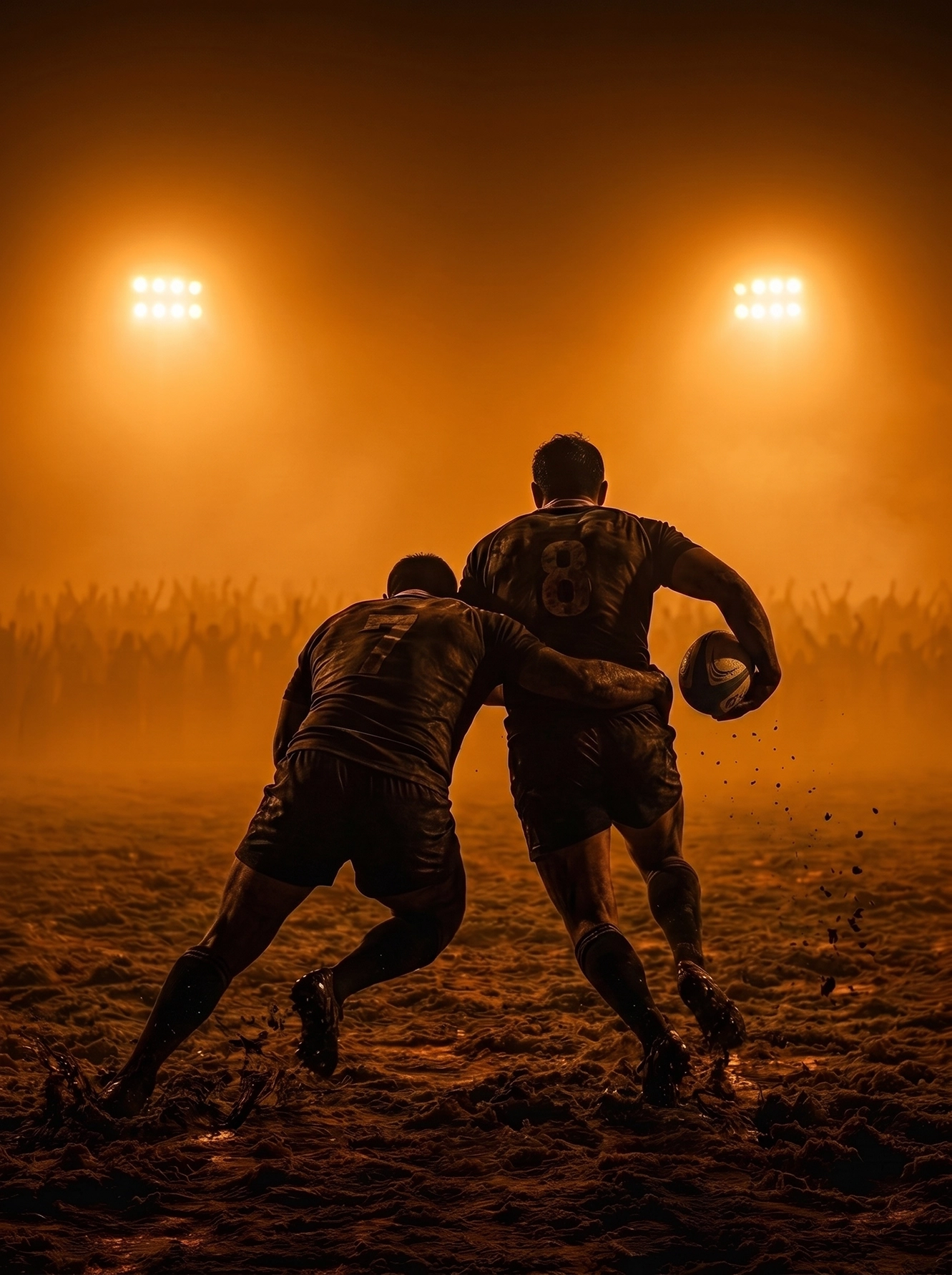 Plaquage — deux joueurs de rugby à l'instant du plaquage, lumière de stade brumeuse, art mural premium