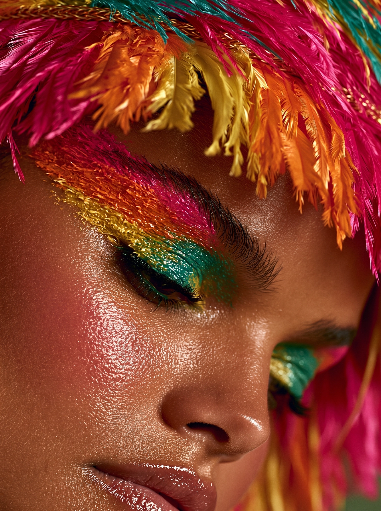 Plumes Chromatiques — maquillage aux couleurs tropicales éclatantes et plumes flamboyantes, art mural premium