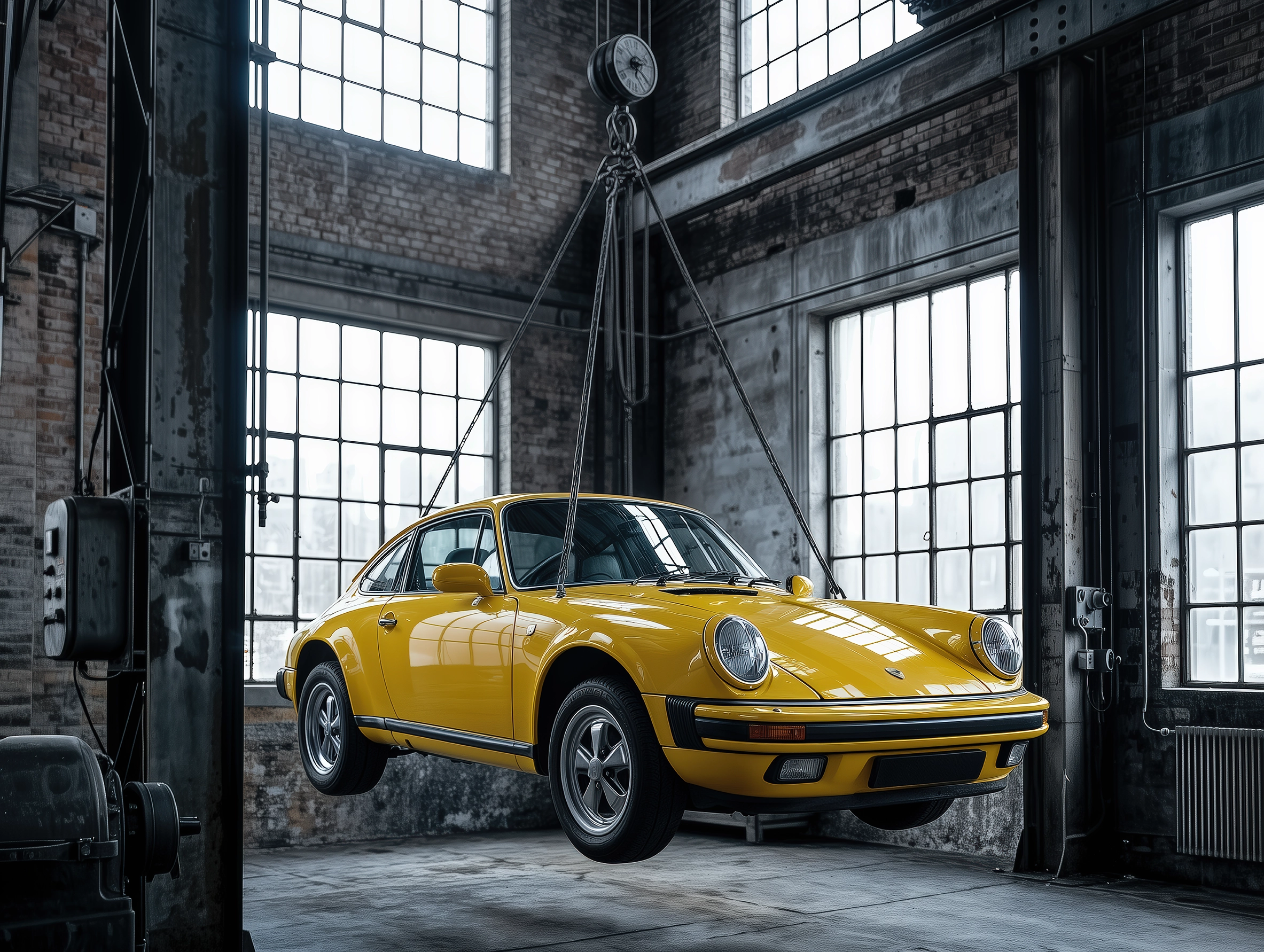 Porsche 911 Classic Suspension — Porsche 911 classique jaune suspendue dans un atelier industriel, art mural premium