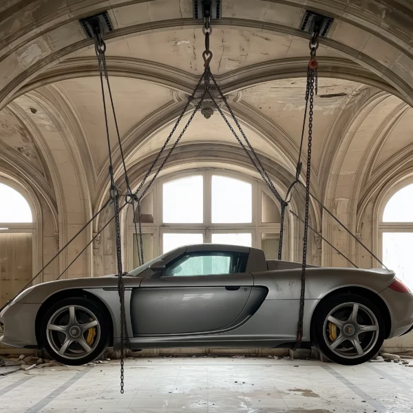 Porsche Carrera GT Suspension — Porsche Carrera GT argent suspendue dans un palais ancien, art mural premium