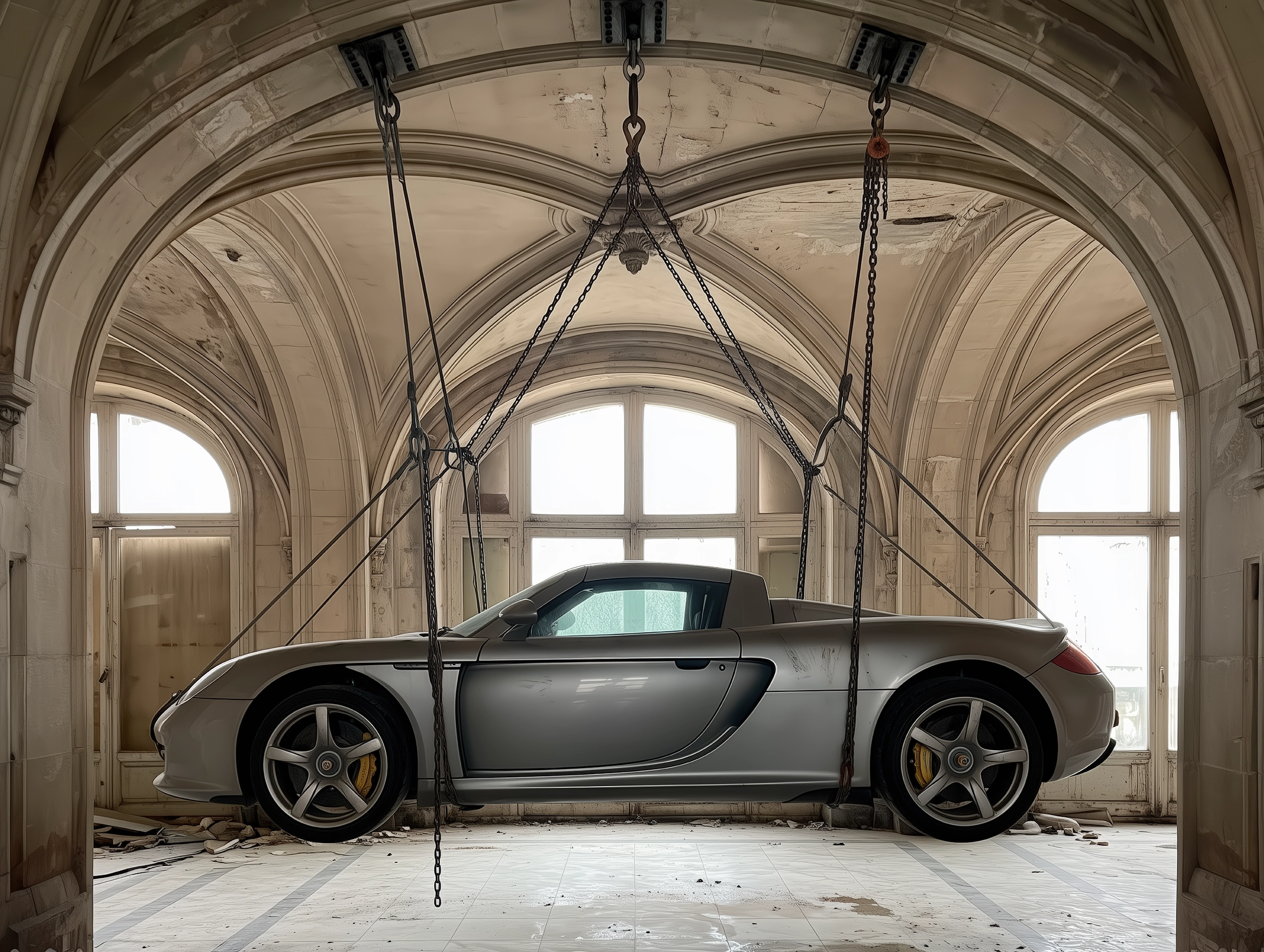 Porsche Carrera GT Suspension — Porsche Carrera GT argent suspendue dans un palais ancien, art mural premium