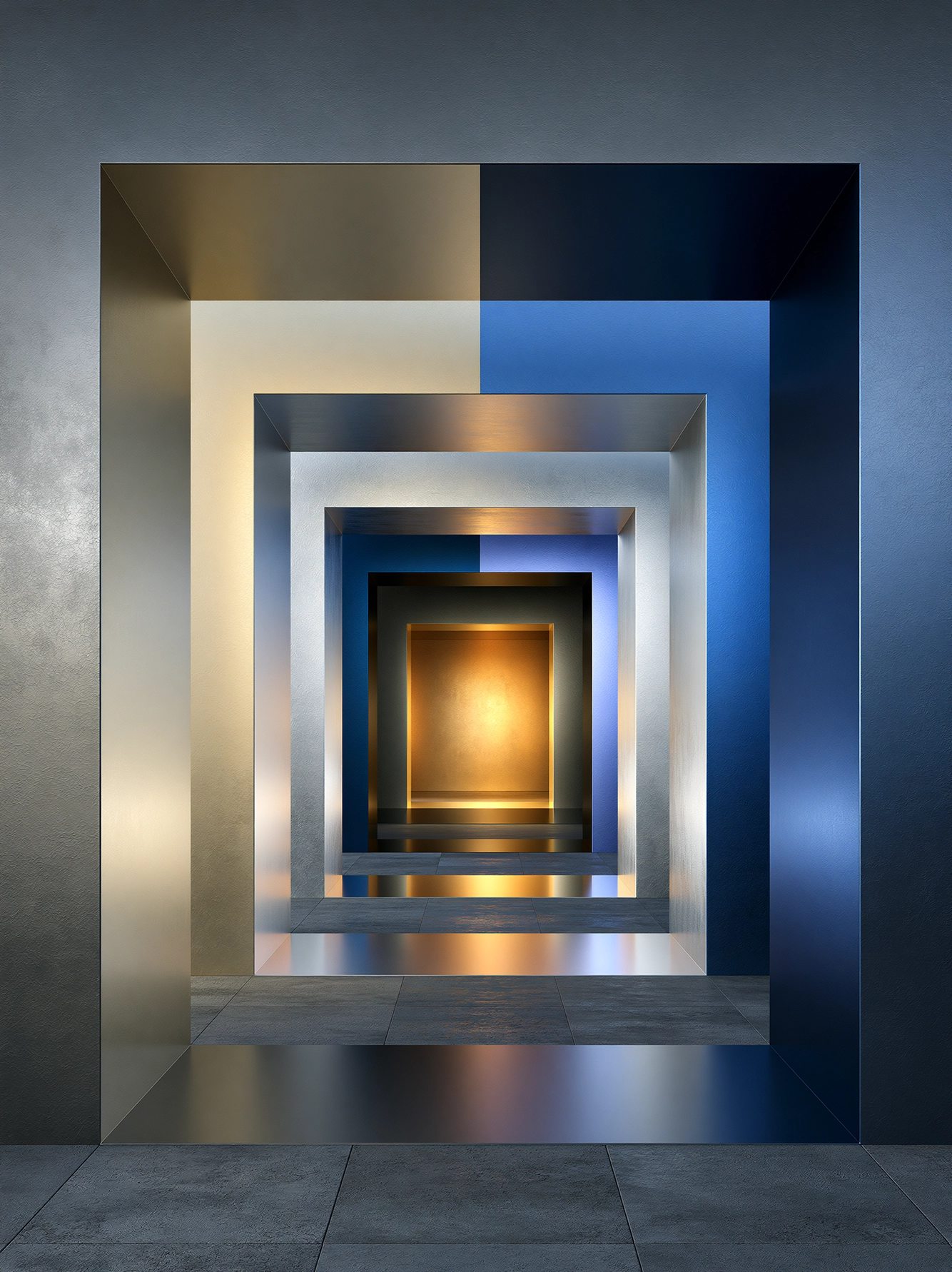 Portail Infini — portiques métalliques successifs entre acier, bleu et lumière dorée, art mural premium