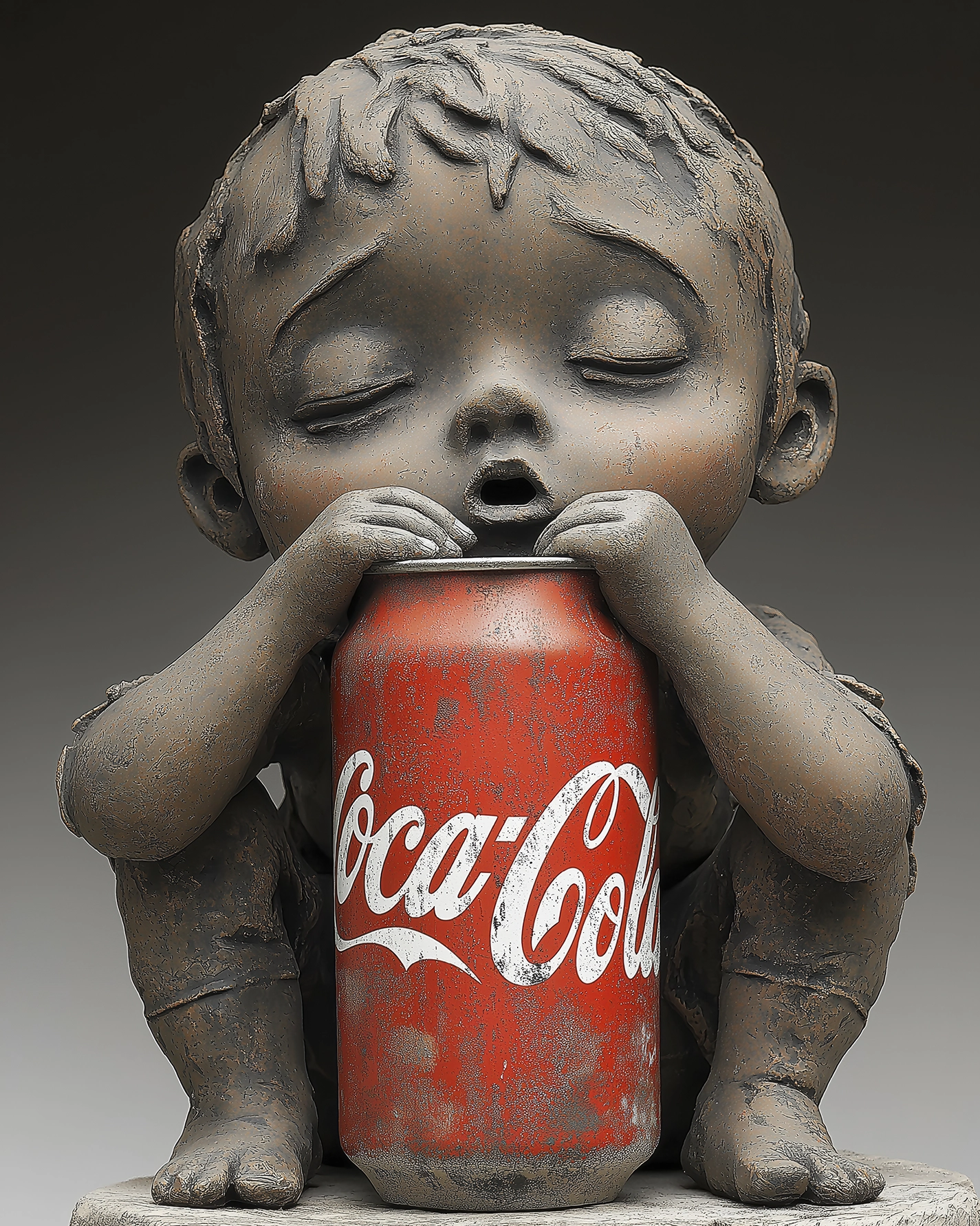 Première Gorgée — enfant sculptural enlacé autour d'une grande canette rouge, œuvre pop, art mural premium